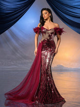 QOQ Women's Floral Patch Decorated Off Shoulder Feather Mesh Splice Luxury Wine Red Formal Evening Gown